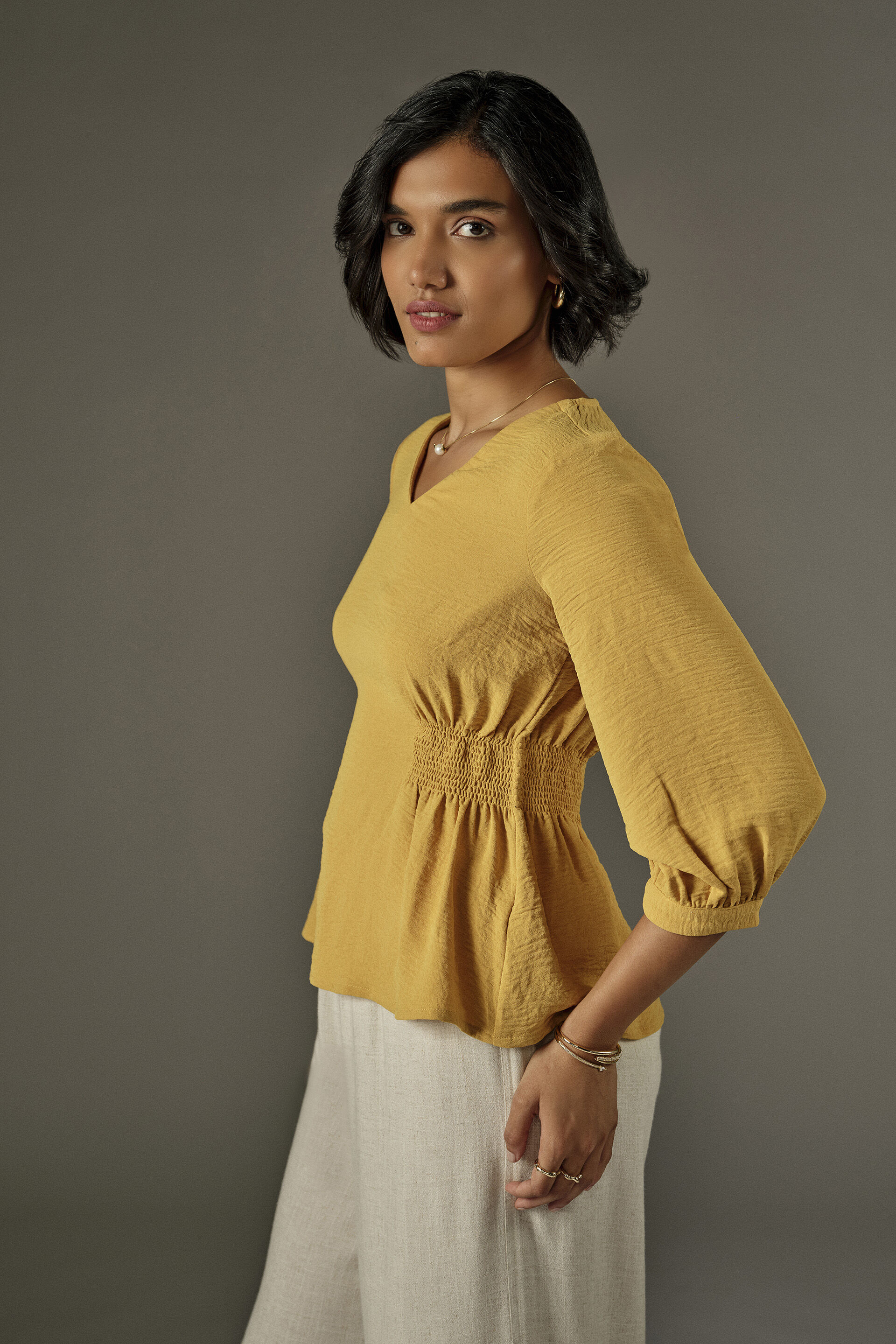 Side Smocked Top in Mustard, Mustard, image 4